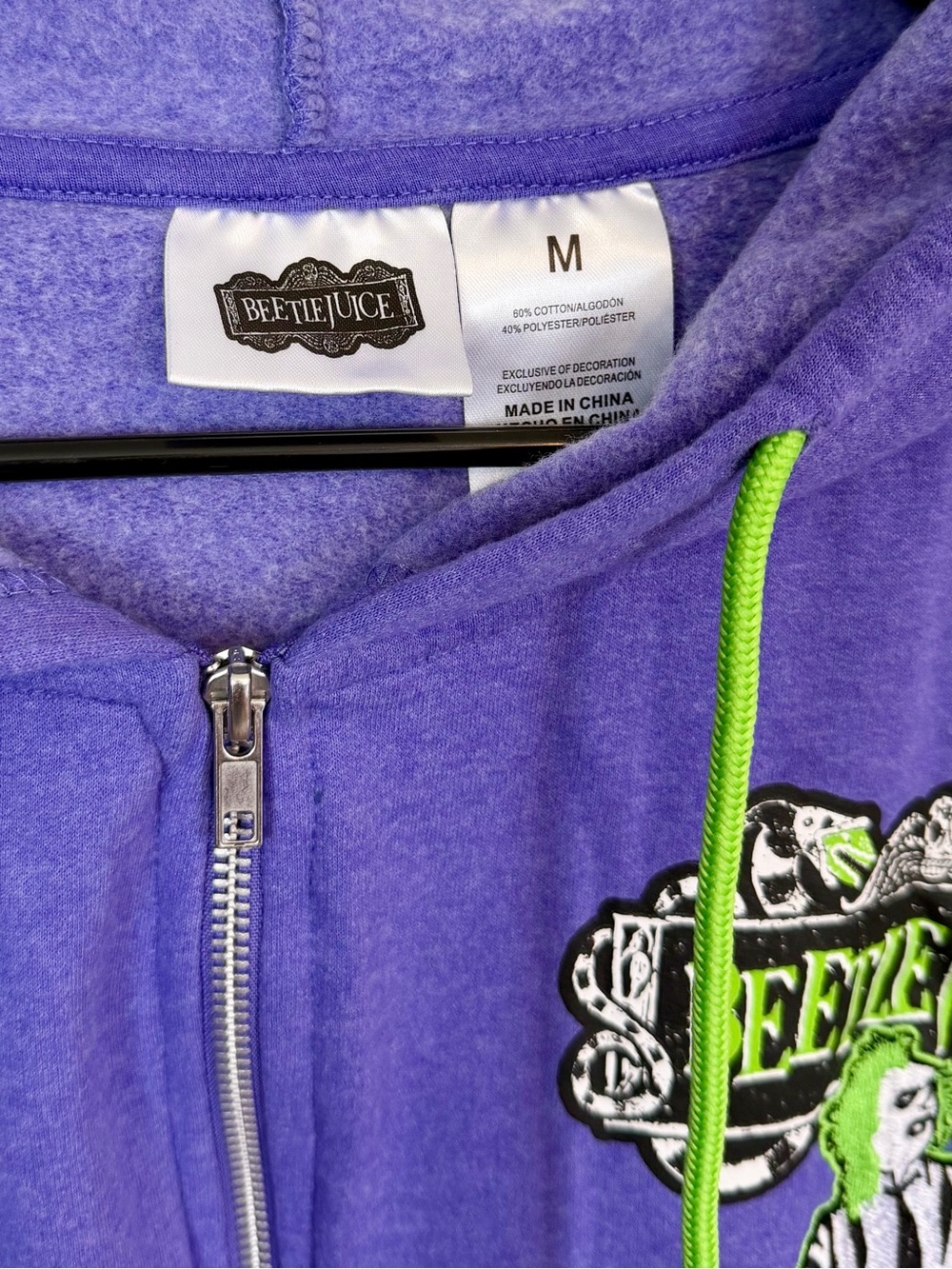 Purple Beetlejuice Graphic Zip Hoodie with Green Drawstrings - Size: Medium - Picture 3 of 10